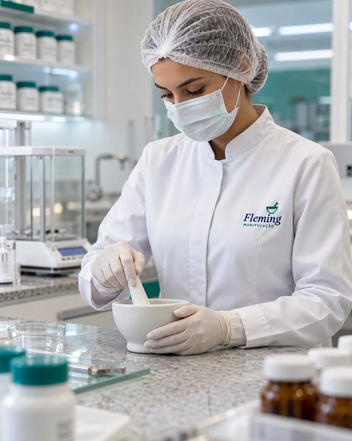 Farmacêutica preparando uma fórmula no laboratório da Fleming Manipulação
