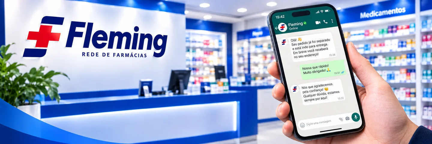Farmácia da Rede de Farmácias Fleming e um cliente recebendo a confirmação do pedido pelo WhatsApp