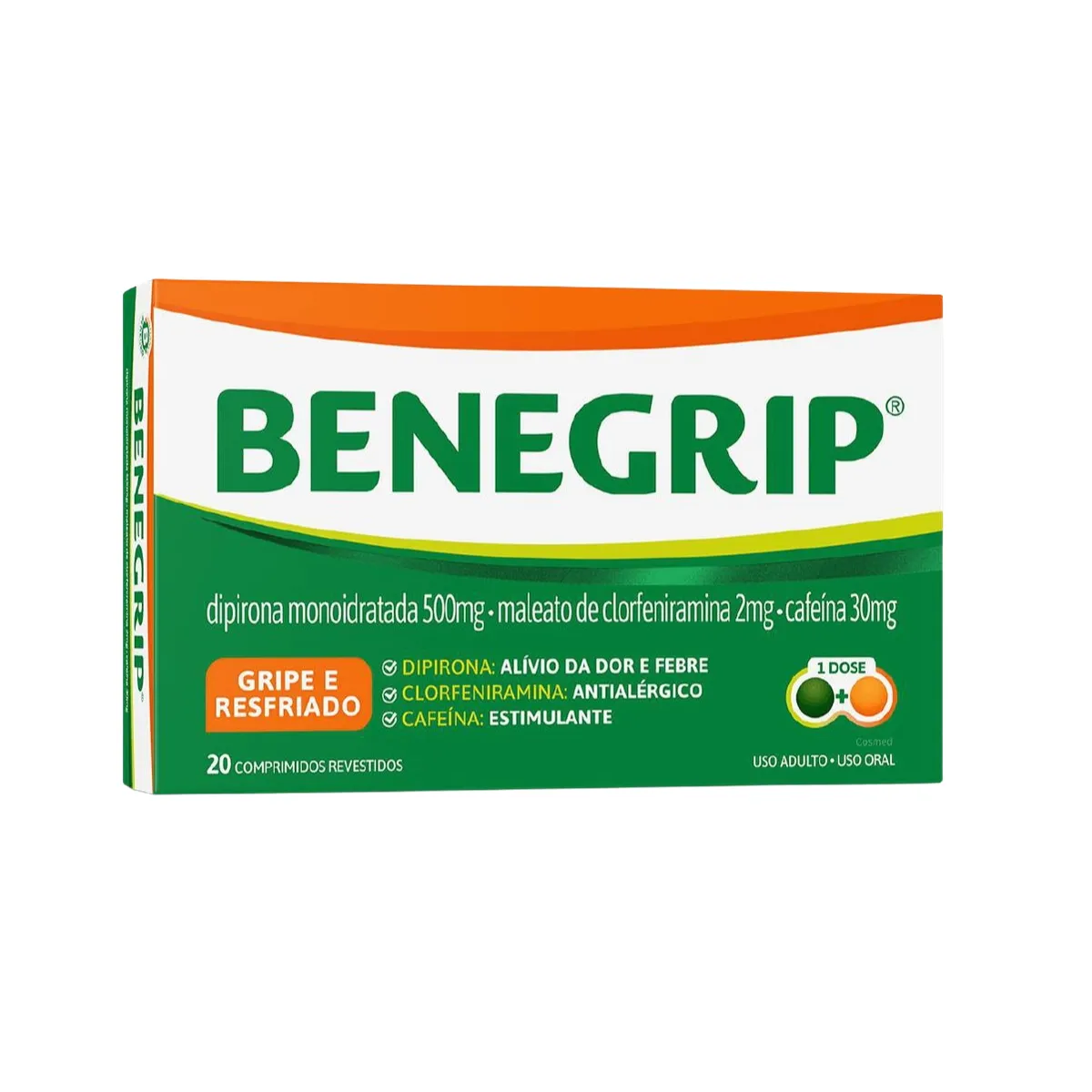 Benegrip Antigripal e Analgésico para Alívio de Gripe e Resfriado 20 Comprimidos