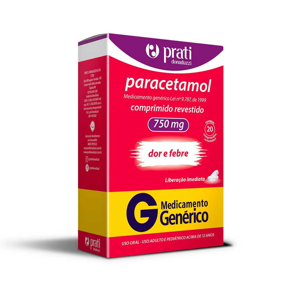 Paracetamol 750mg 20 Comprimidos Genérico Prati Donaduzzi
