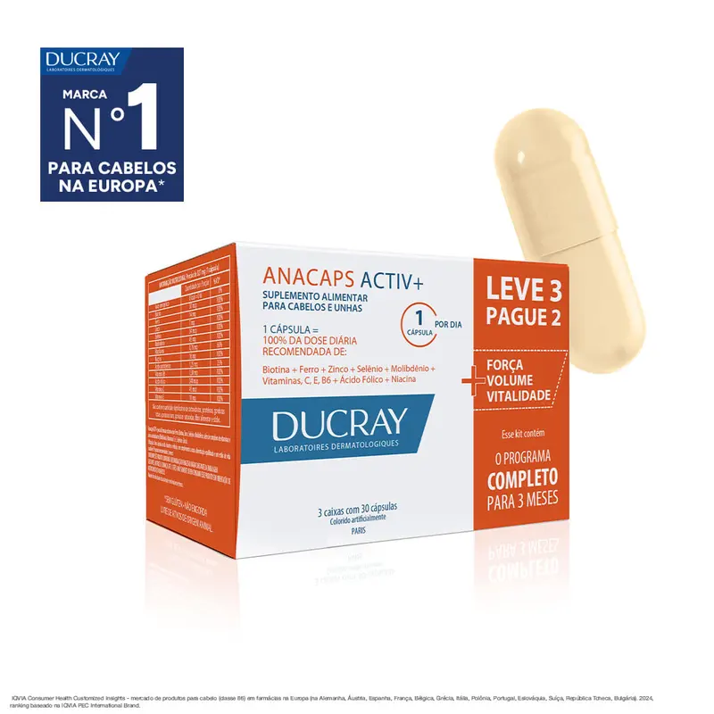 Anacaps Activ+ Ducray Cabelos e Unhas 90 Cápsulas Duras