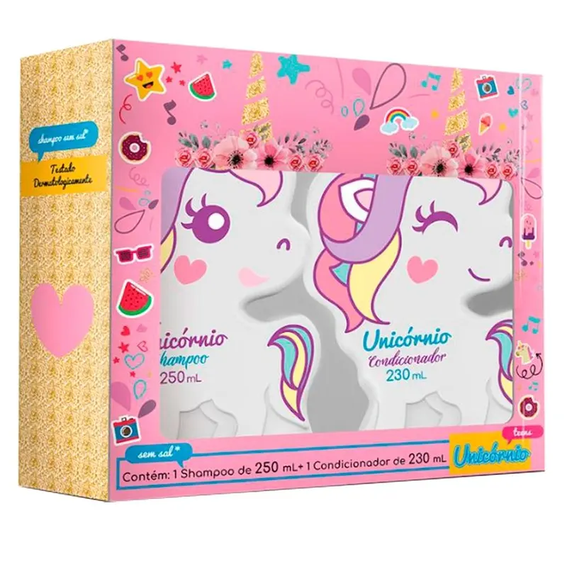 Kit infantil Meu Unicornio 250 ml shampoo + 230 ml condicionador Adesivo