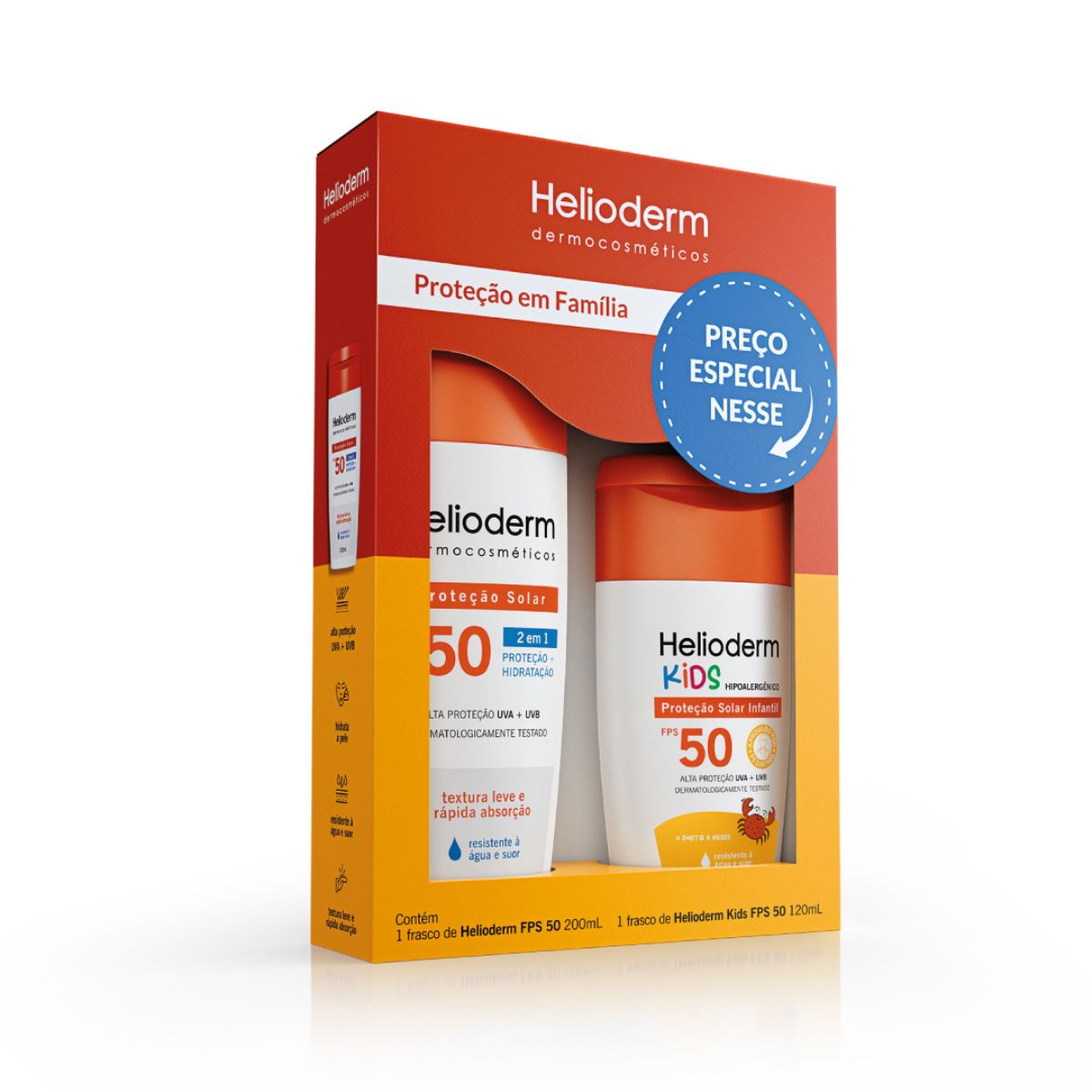 Kit Proteção em Família Protetor Solar Helioderm Suncare 2 em 1 FPS50 200ml 1 Unidade + Protetor Solar Helioderm Kids FPS50 120ml 1 Unidade