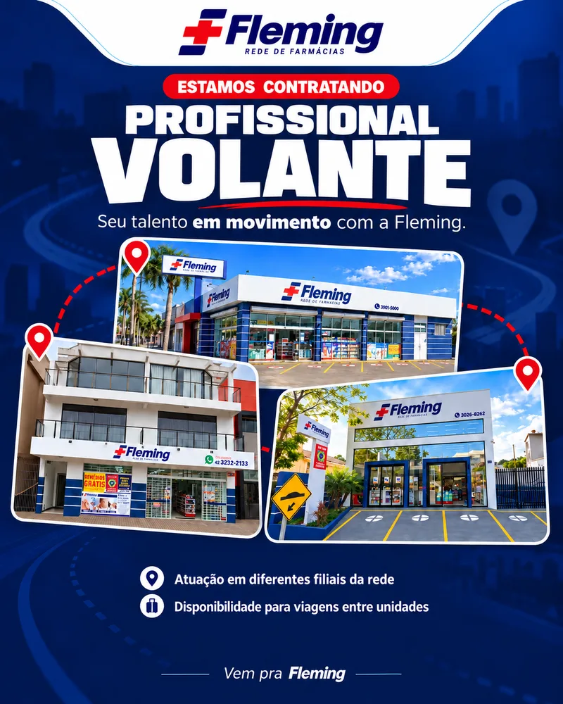 Estamos contratando profissional volante: atuação em diferentes filiais da rede e disponibilidade para viagens entre unidades